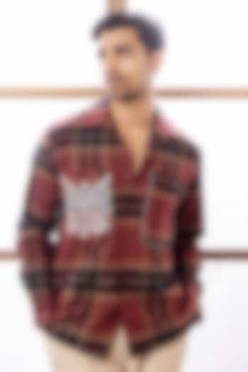 Rust Woollen Checkered Embroidered Party Wear Shirt by Rohit Doshi at Pernia's Pop Up Shop