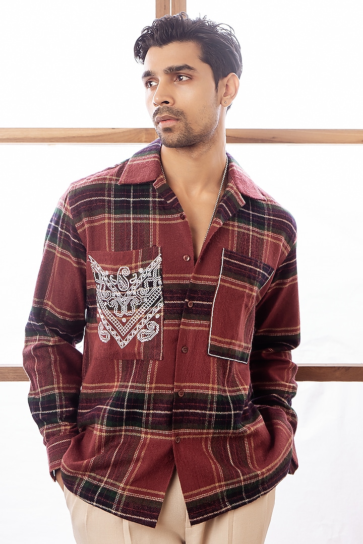 Rust Woollen Checkered Embroidered Party Wear Shirt by Rohit Doshi at Pernia's Pop Up Shop