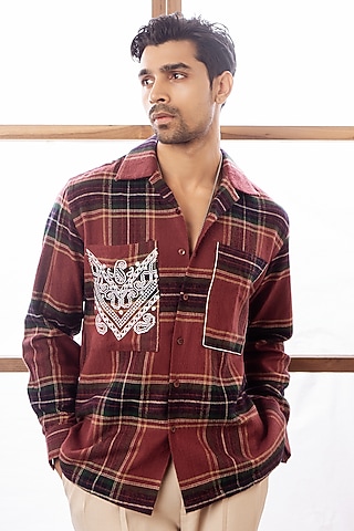 Rust Woollen Checkered Embroidered Shirt by Rohit Doshi