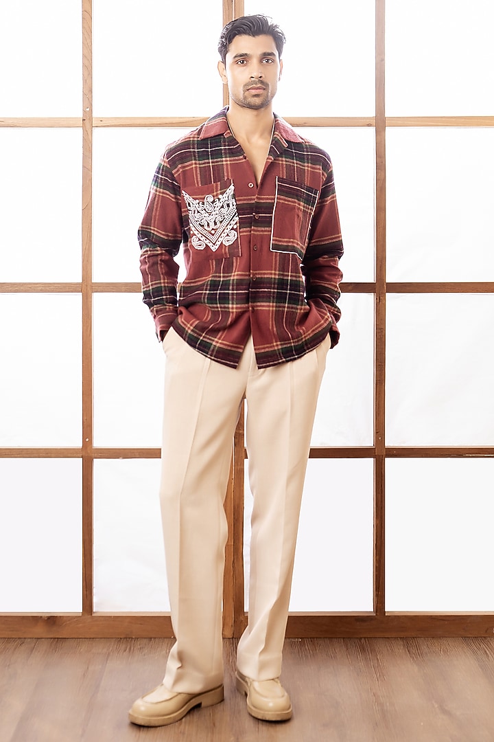 Rust Woollen Checkered Embroidered Party Wear Shirt by Rohit Doshi at Pernia's Pop Up Shop
