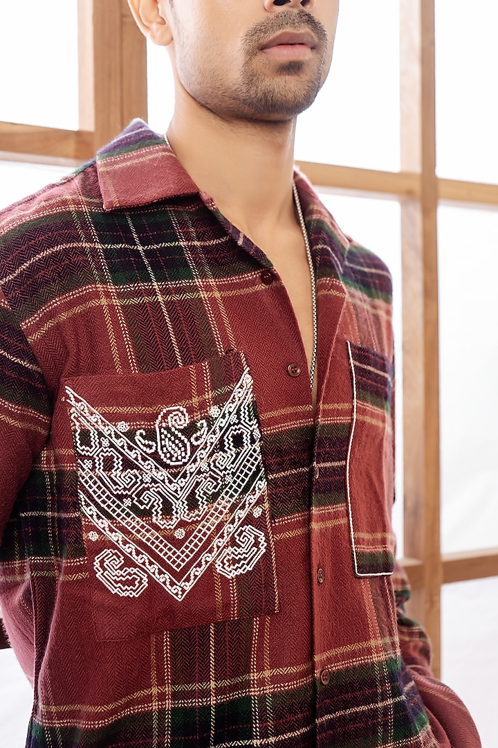 Rust Woollen Checkered Embroidered Party Wear Shirt by Rohit Doshi at Pernia's Pop Up Shop