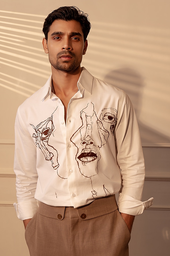 White Twill Handwork Party Wear Shirt by Rohit Doshi at Pernia's Pop Up Shop