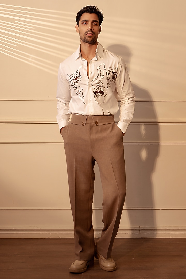 White Twill Handwork Party Wear Shirt by Rohit Doshi at Pernia's Pop Up Shop