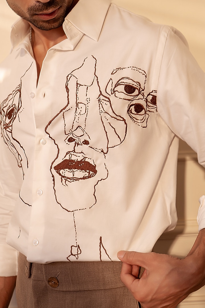 White Twill Handwork Party Wear Shirt by Rohit Doshi at Pernia's Pop Up Shop