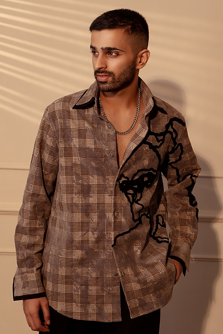 Beige & Grey Velvet Hand Work Party Wear Shirt by Rohit Doshi at Pernia's Pop Up Shop