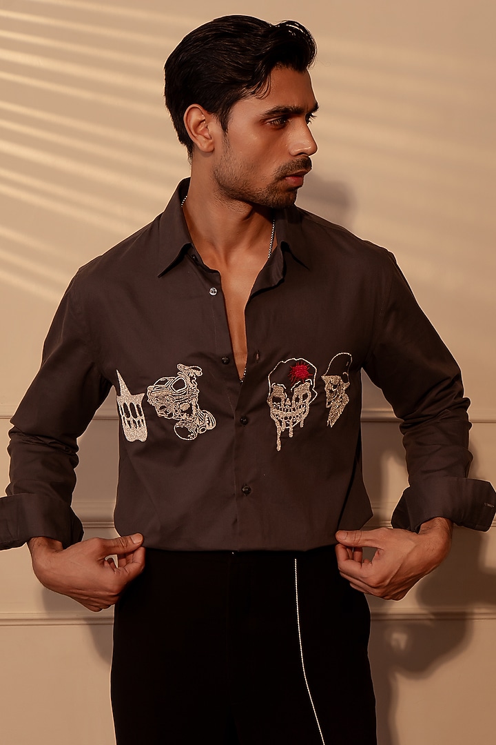 Dark Grey Suiting Fabric Handwork Party Wear Shirt by Rohit Doshi at Pernia's Pop Up Shop