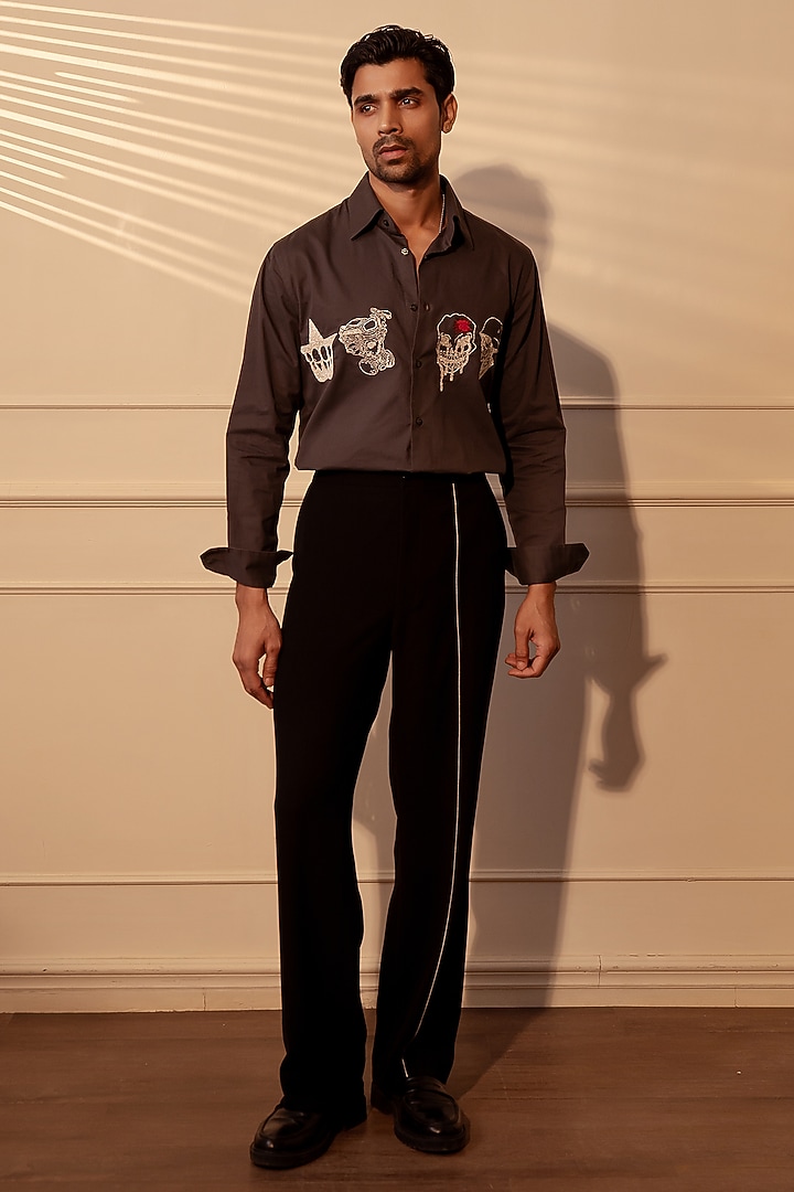 Dark Grey Suiting Fabric Handwork Party Wear Shirt by Rohit Doshi at Pernia's Pop Up Shop