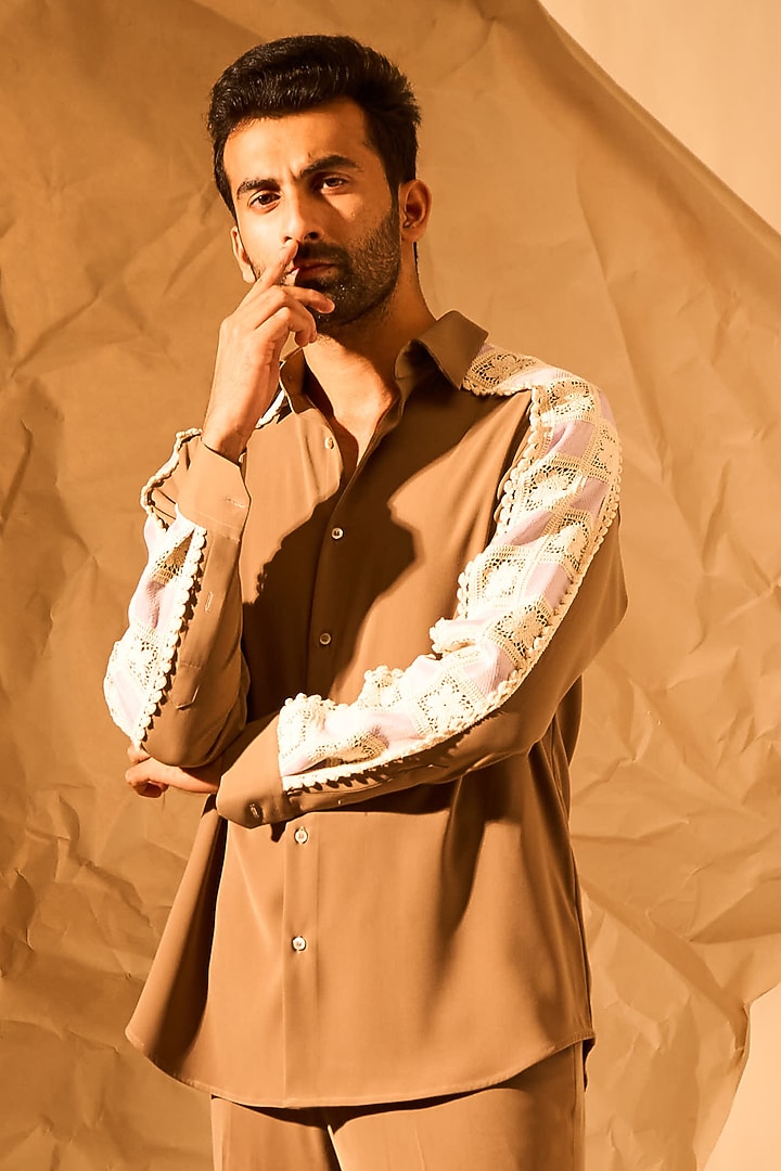 Beige Lachka & Armani Fabric Hand Work Party Wear Shirt by Rohit Doshi at Pernia's Pop Up Shop
