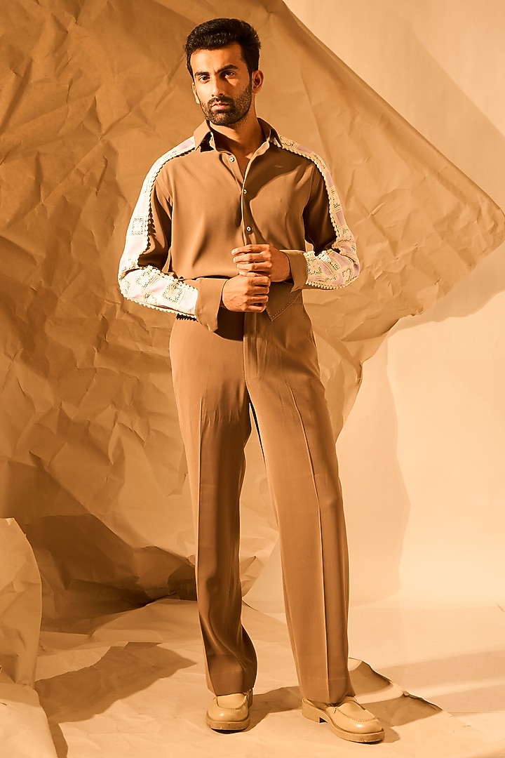 Beige Lachka & Armani Fabric Hand Work Party Wear Shirt by Rohit Doshi at Pernia's Pop Up Shop