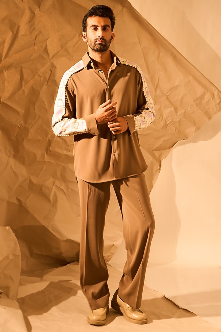 Beige Lachka & Armani Fabric Hand Work Party Wear Shirt by Rohit Doshi at Pernia's Pop Up Shop