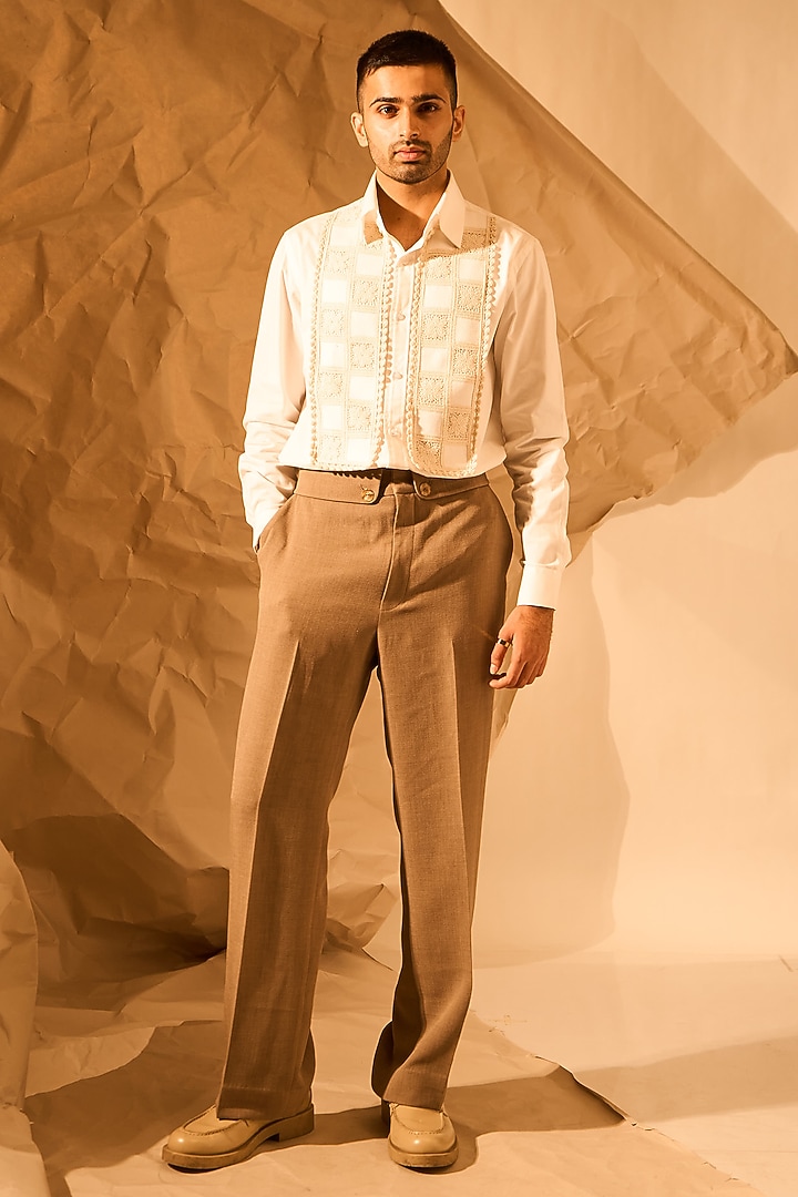 White Thick Twill Handwork Party Wear Shirt by Rohit Doshi at Pernia's Pop Up Shop