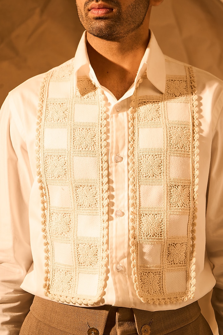 White Thick Twill Handwork Party Wear Shirt by Rohit Doshi at Pernia's Pop Up Shop