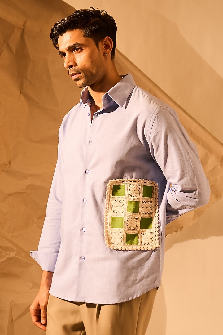 Light Blue Suiting Fabric Handwork Party Wear Shirt by Rohit Doshi at Pernia's Pop Up Shop