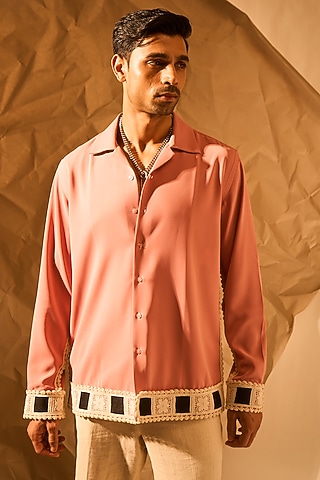 Bubble Gum Pink Lachka & Armani Fabric Handwork Shirt by Rohit Doshi