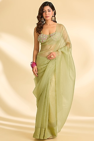 Mint Green Crushed Tissue Saree Set by Roohbab