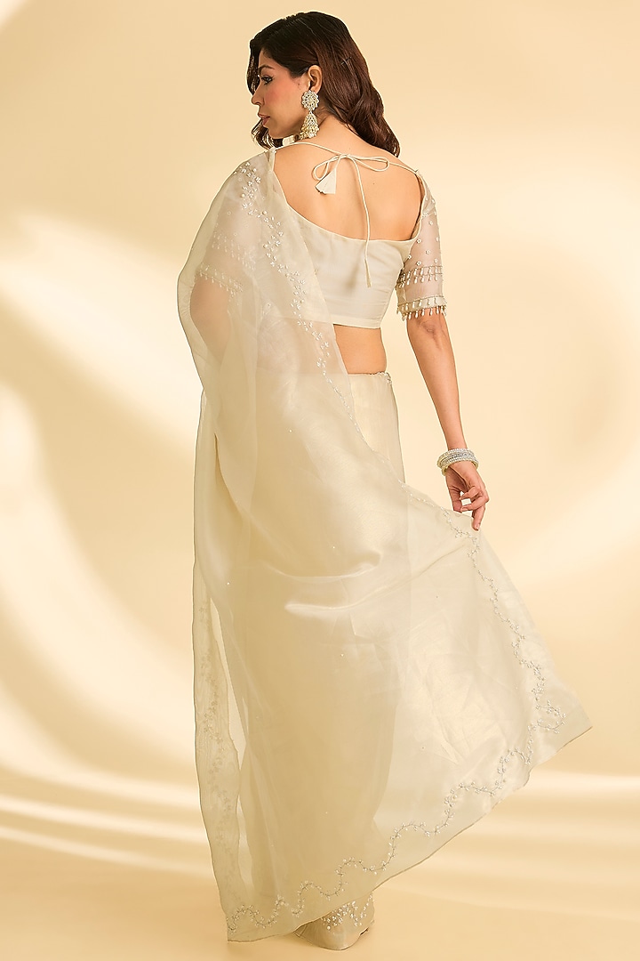 Ivory Organza Net Pearl & Zari Embroidered Party Wear Saree Set by Roohbab at Pernia's Pop Up Shop