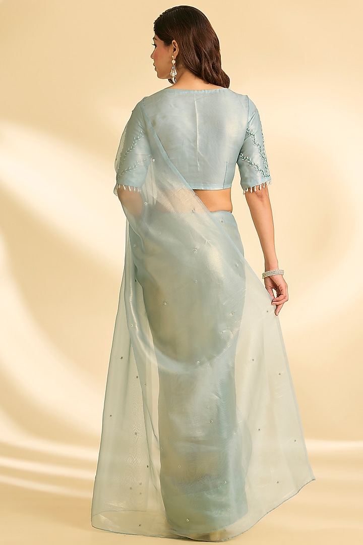 Coral Blue Organza Net Pearl Embroidered Party Wear Saree Set by Roohbab at Pernia's Pop Up Shop