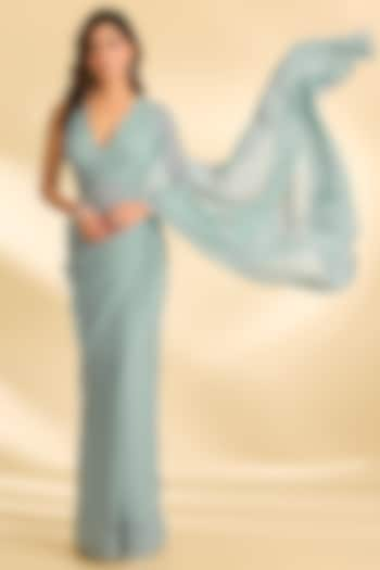 Powder Blue Shimmer Chiffon Saree Set by Roohbab at Pernia's Pop Up Shop