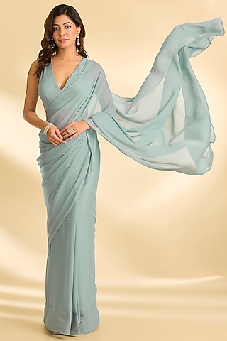 Powder Blue Shimmer Chiffon Saree Set by Roohbab