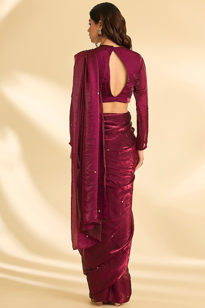 Maroon Shimmer Wrinkled Tissue Crepe Party Wear Saree Set by Roohbab at Pernia's Pop Up Shop