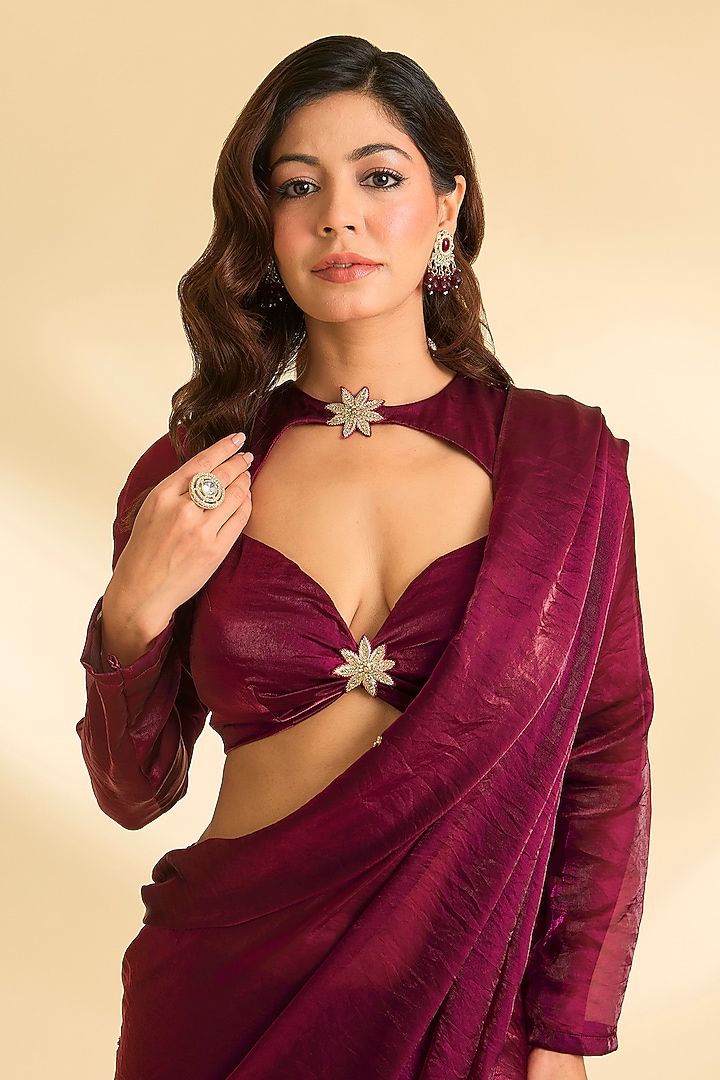 Maroon Shimmer Wrinkled Tissue Crepe Party Wear Saree Set by Roohbab at Pernia's Pop Up Shop