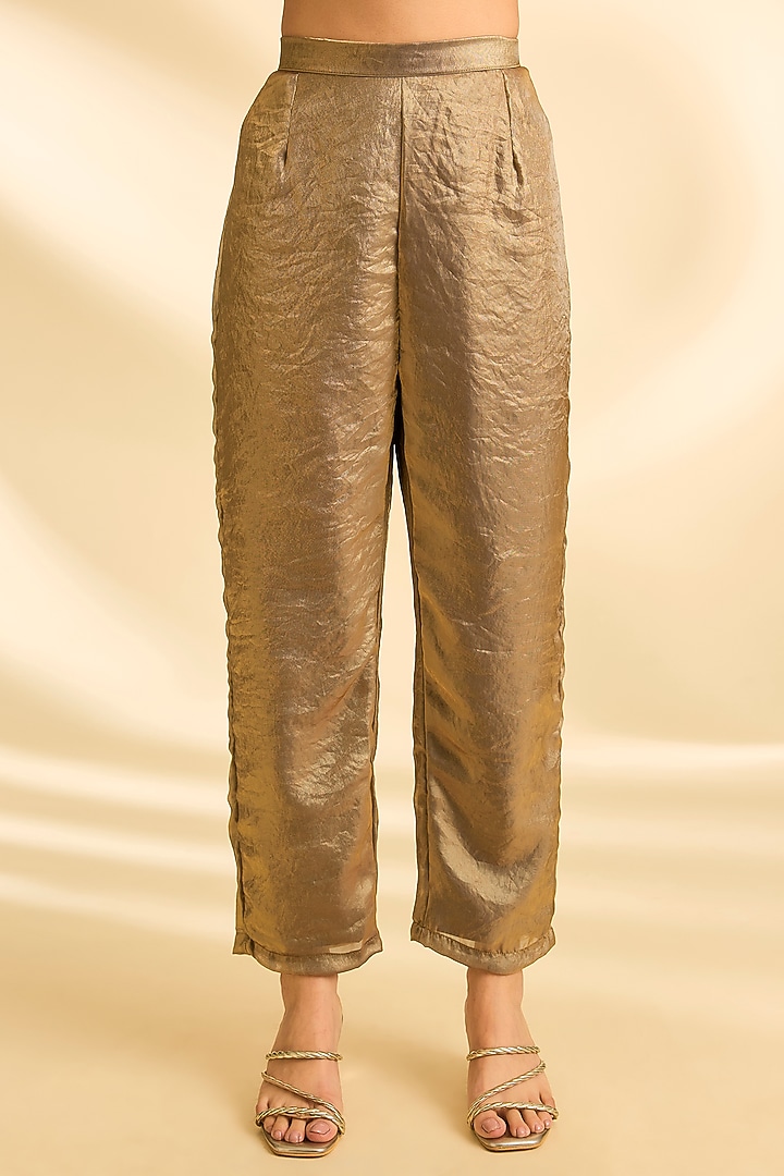 Gold Shimmer Wrinkled Tissue Crepe Embroidered Kurta Set by Roohbab at Pernia's Pop Up Shop