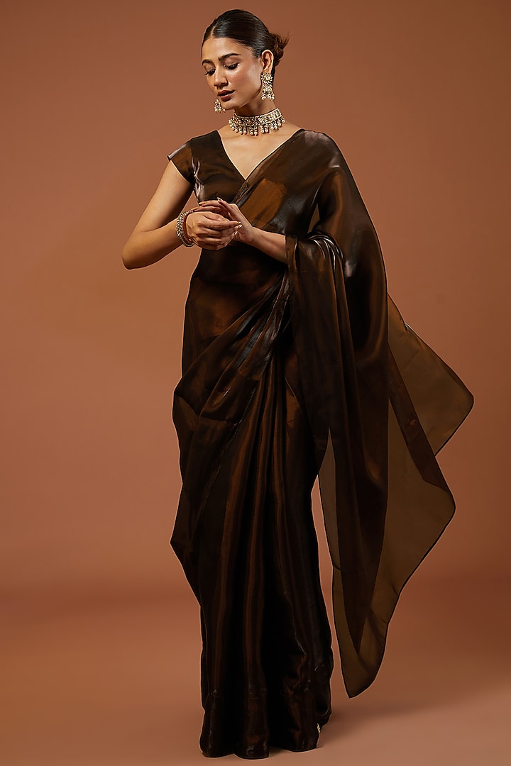 Copper Brown Shimmer Tissue Crepe Embroidered Saree Set by Roohbab