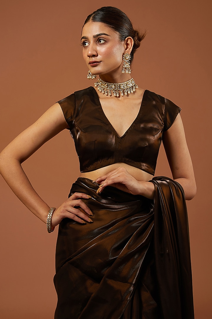 Copper Brown Shimmer Tissue Crepe Embroidered Festive Saree Set by Roohbab at Pernia's Pop Up Shop