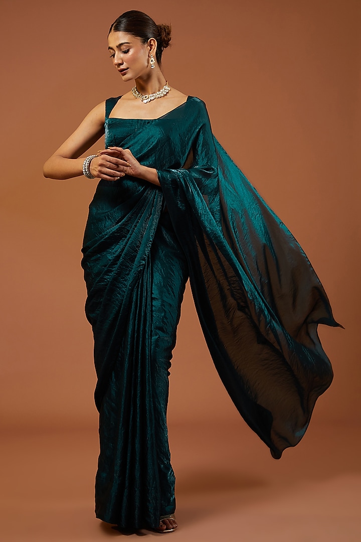 Peacock Blue Shimmer Tissue Crepe Embroidered Saree Set by Roohbab