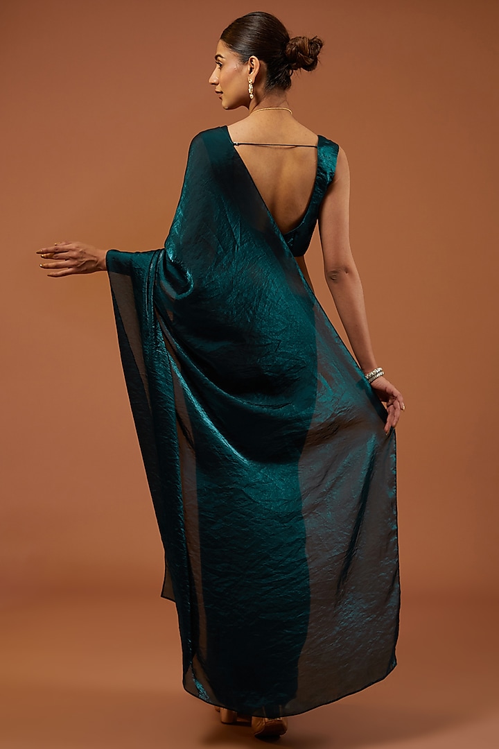 Peacock Blue Shimmer Tissue Crepe Embroidered Festive Saree Set by Roohbab at Pernia's Pop Up Shop