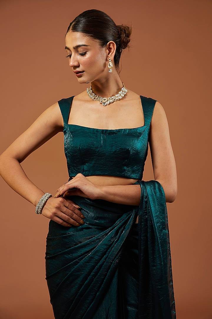 Peacock Blue Shimmer Tissue Crepe Embroidered Festive Saree Set by Roohbab at Pernia's Pop Up Shop