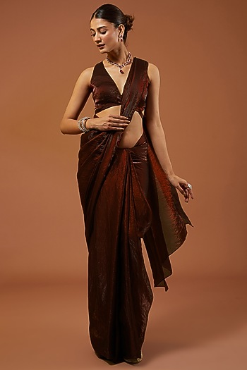 Maroon Red Shimmer Tissue Crepe Embroidered Festive Saree Set by Roohbab at Pernia's Pop Up Shop