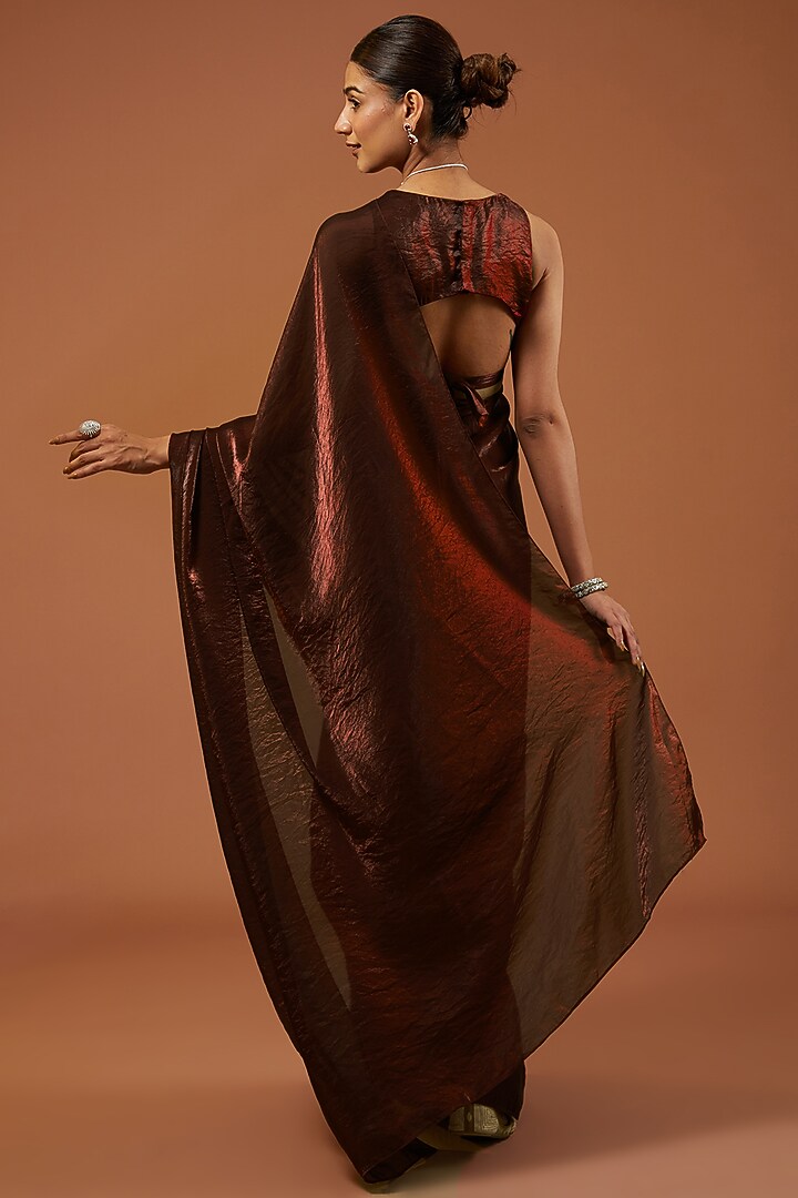 Maroon Red Shimmer Tissue Crepe Embroidered Festive Saree Set by Roohbab at Pernia's Pop Up Shop