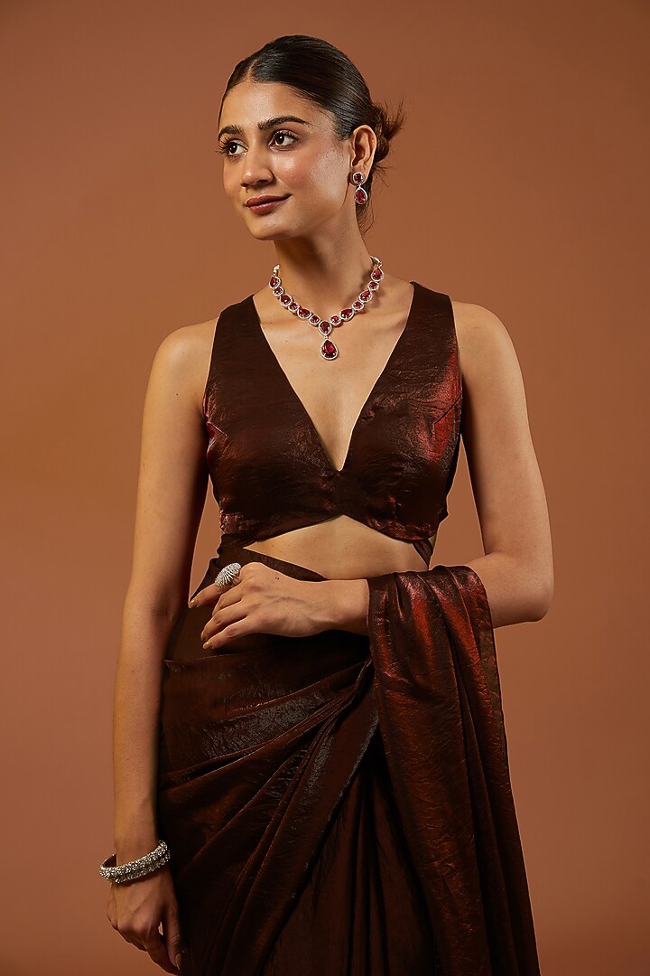 Maroon Red Shimmer Tissue Crepe Embroidered Festive Saree Set by Roohbab at Pernia's Pop Up Shop