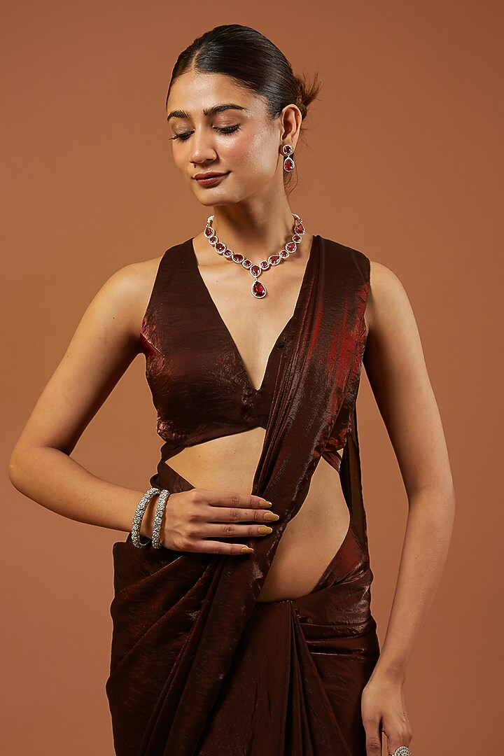 Maroon Red Shimmer Tissue Crepe Embroidered Festive Saree Set by Roohbab at Pernia's Pop Up Shop