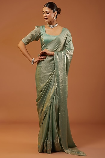 Pista Green Shimmer Tissue Crepe Embroidered Festive Saree Set by Roohbab at Pernia's Pop Up Shop