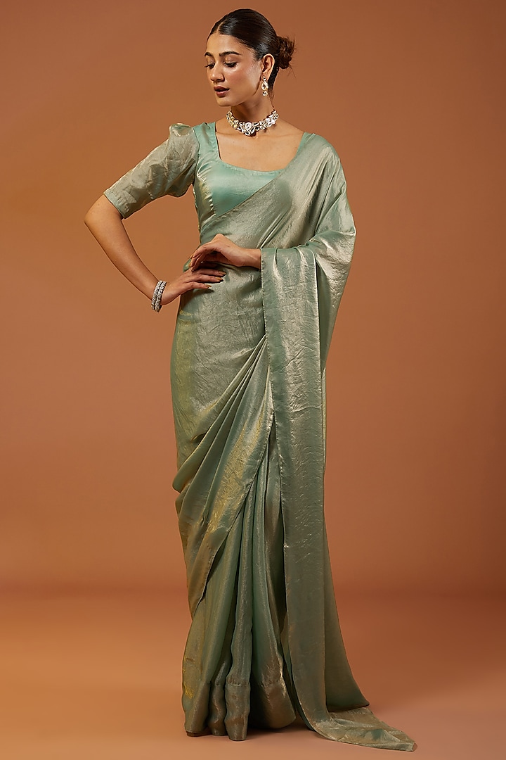Pista Green Shimmer Tissue Crepe Embroidered Saree Set by Roohbab