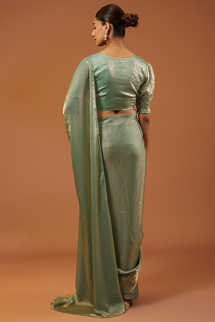 Pista Green Shimmer Tissue Crepe Embroidered Festive Saree Set by Roohbab at Pernia's Pop Up Shop