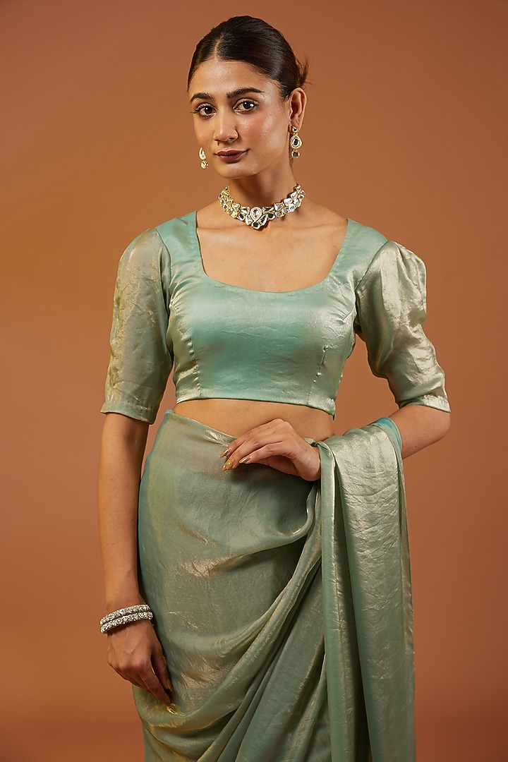 Pista Green Shimmer Tissue Crepe Embroidered Festive Saree Set by Roohbab at Pernia's Pop Up Shop