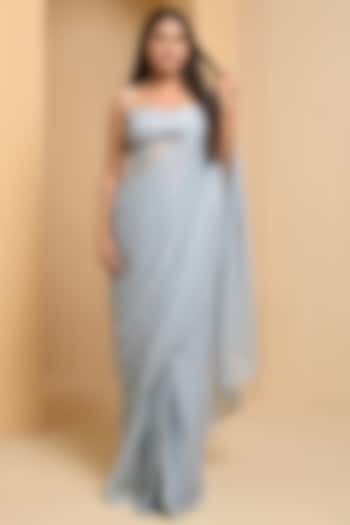 Powder Blue Shimmer Chiffon Pre-Stitched Saree Set by Roohbab