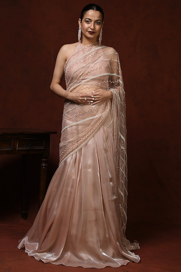 Blush Pink Glass Tissue Lehenga Saree Set by Roohbab