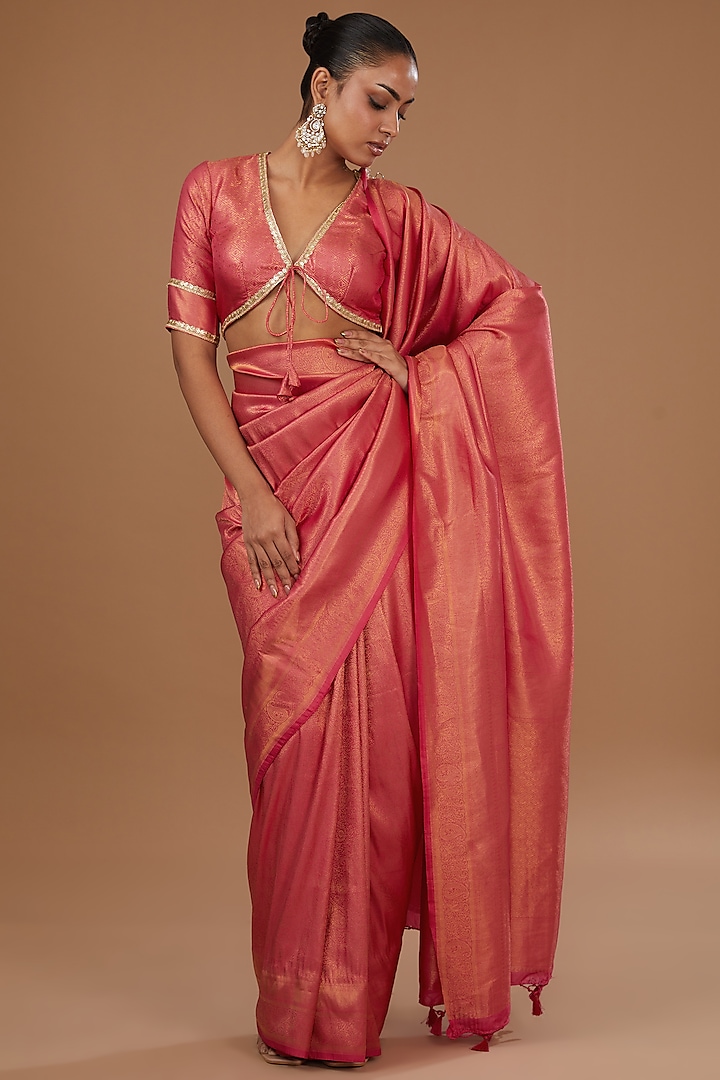 Pink Silk Self Printed & Embroidered Saree Set by Roohbab