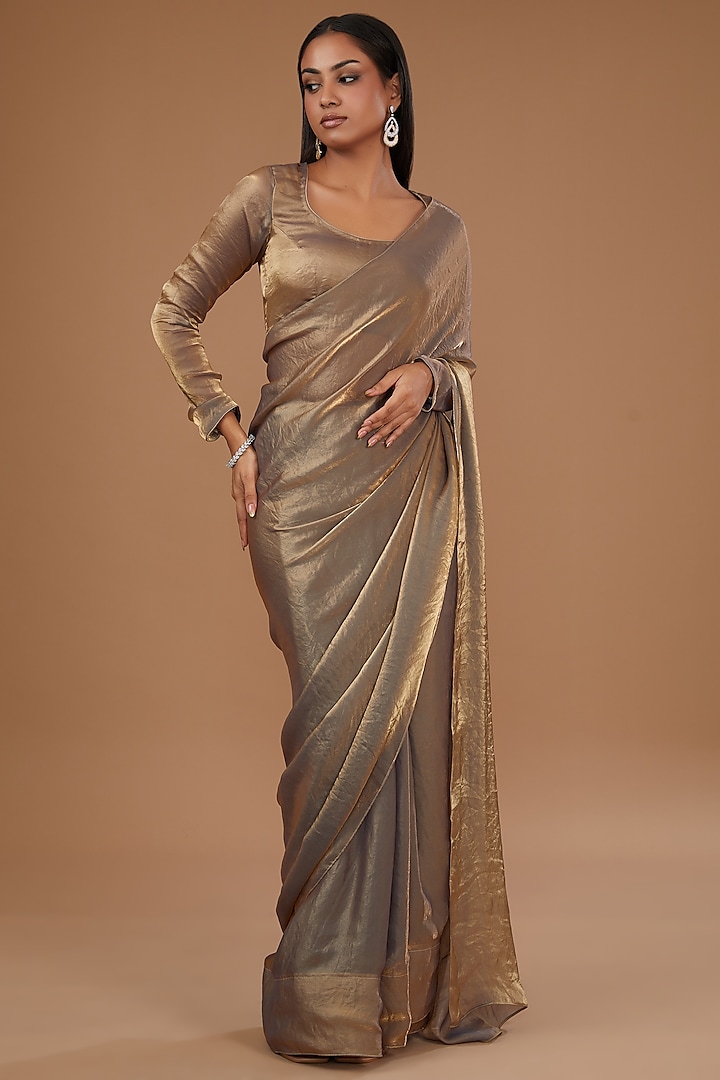 Gold-Grey Tissue & Shimmer Crepe Weave Embroidered Saree Set by Roohbab