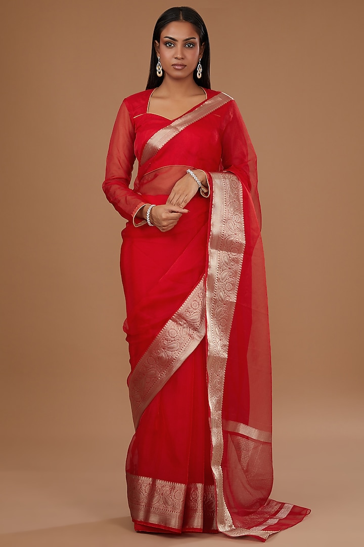 Red Organza Weave Embroidered Saree Set by Roohbab