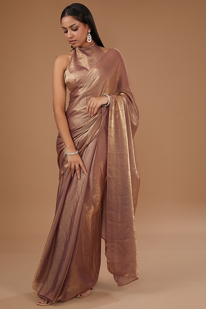 Bronze Tissue & Shimmer Crepe Weave Embroidered Pre-Stitched Saree Set by Roohbab