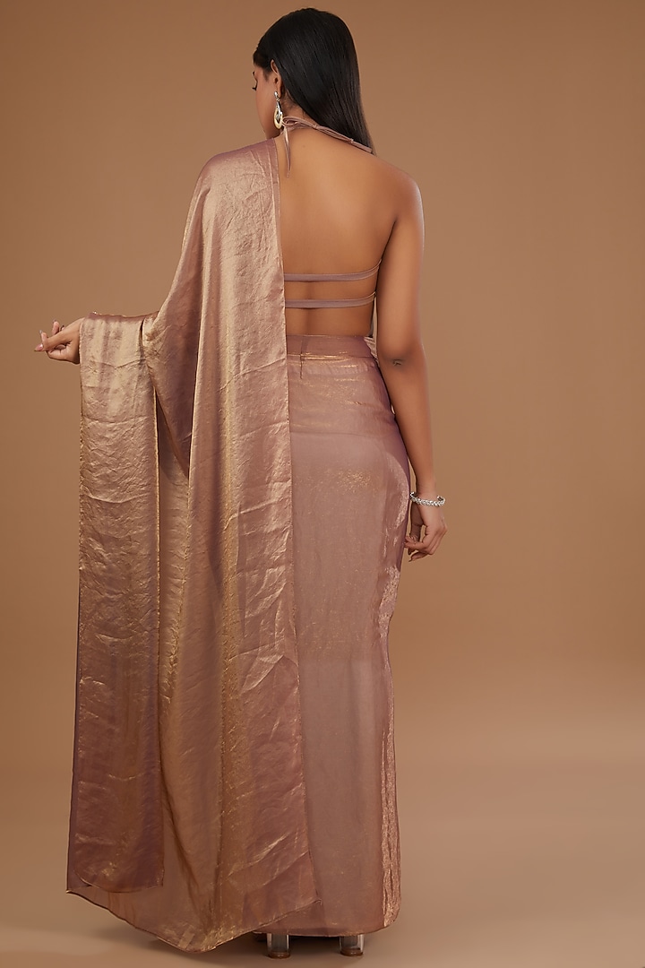 Bronze Tissue & Shimmer Crepe Weave Embroidered Pre-Stitched Festive Saree Set by Roohbab at Pernia's Pop Up Shop