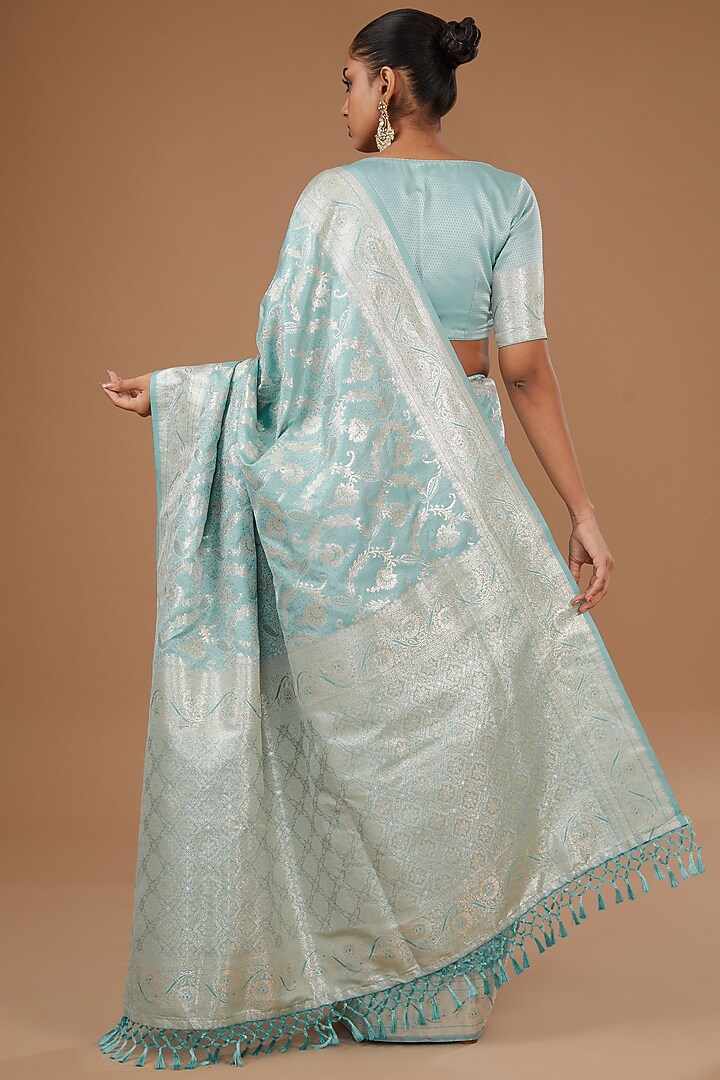 Firozi Silver Work Woven Floral Jaal Pattern Silk Party Wear Saree Set by Roohbab at Pernia's Pop Up Shop