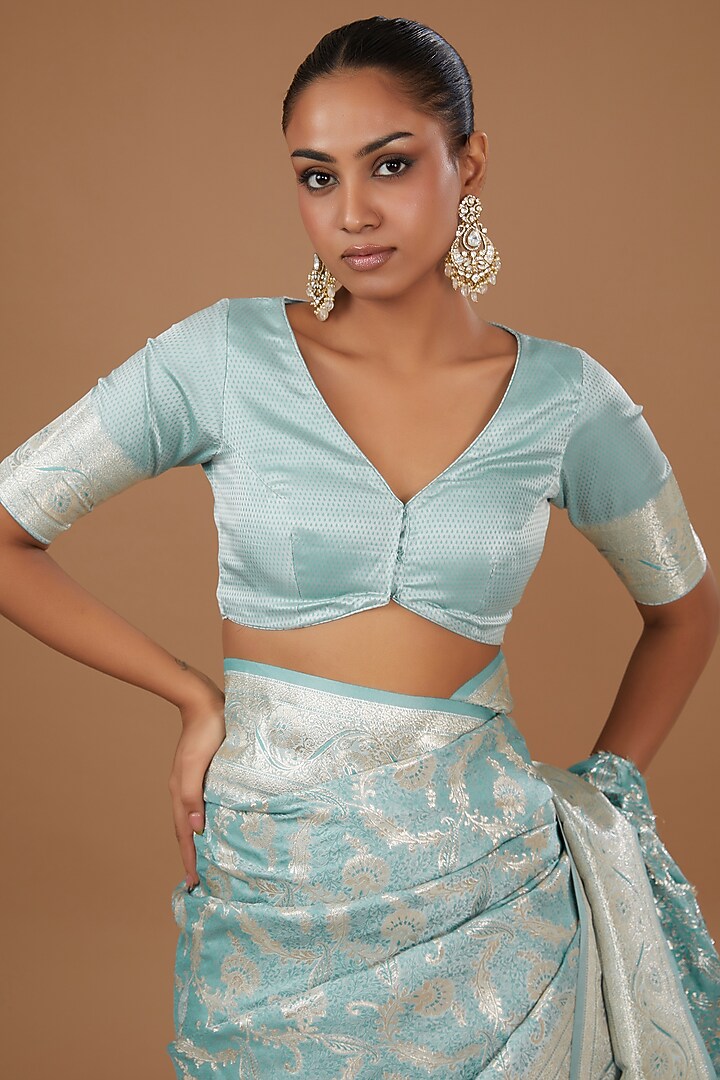 Firozi Silver Work Woven Floral Jaal Pattern Silk Party Wear Saree Set by Roohbab at Pernia's Pop Up Shop