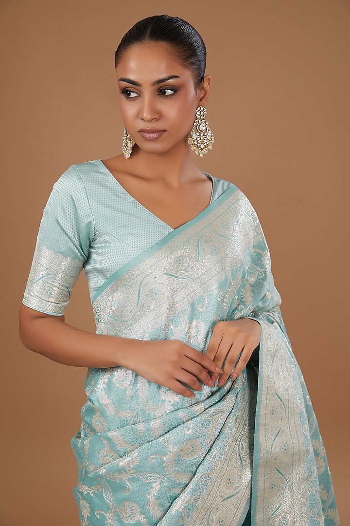 Firozi Silver Work Woven Floral Jaal Pattern Silk Party Wear Saree Set by Roohbab at Pernia's Pop Up Shop