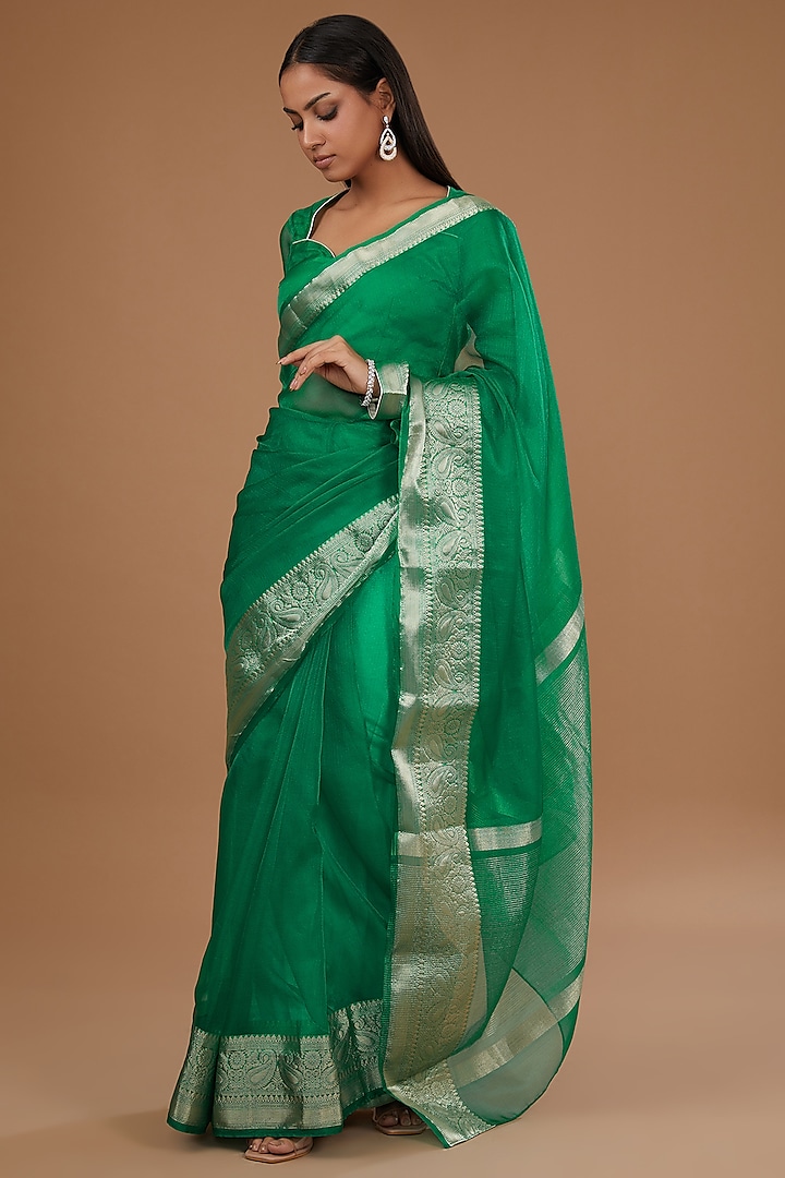 Green Organza Weave Embroidered Saree Set by Roohbab